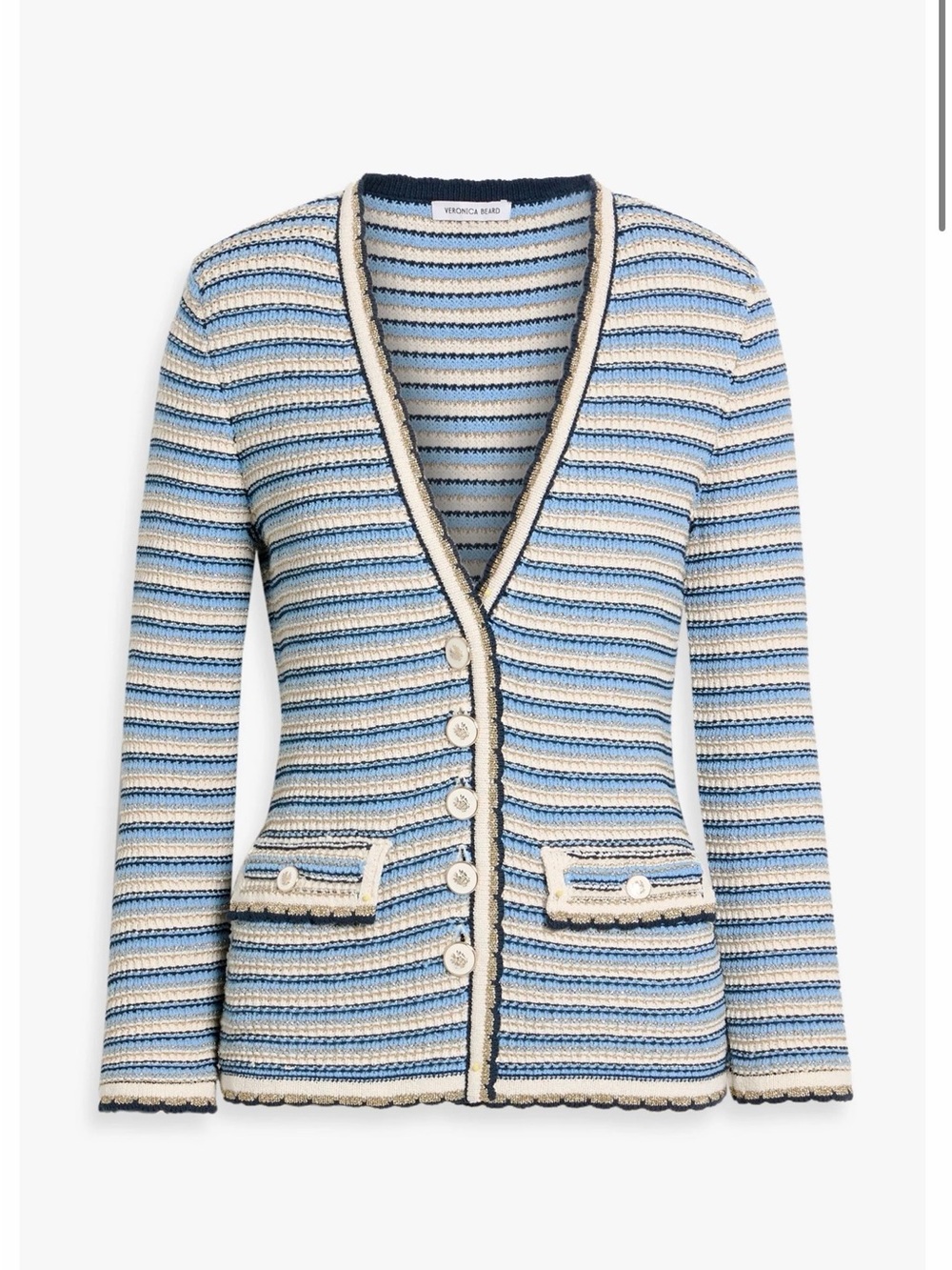 Veronica Beard Cream and Light Blue Striped Open-Front Cardigan- size medium